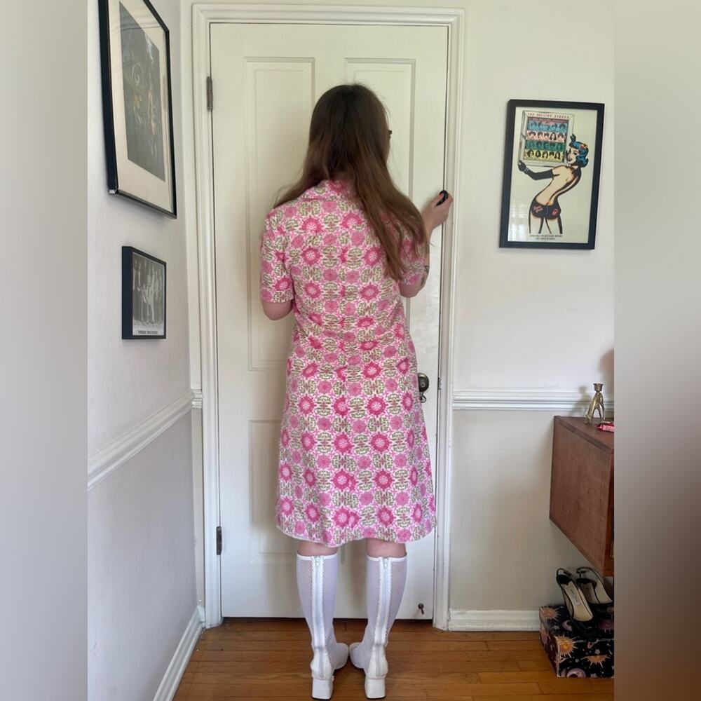 60s Vintage Pink Patterned Cotton Day / House dress - Picture 3 of 6